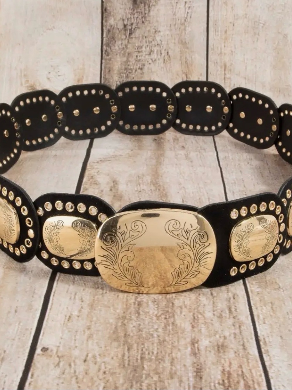 Black and Gold Floral Engraved Concho Waist Belt